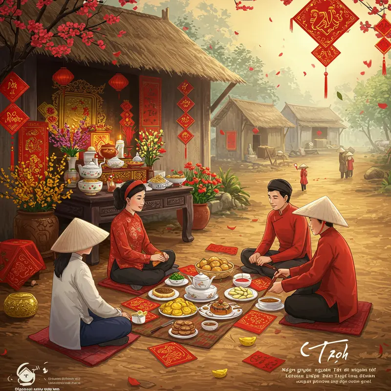 Gia đình Việt sum vầy bên bàn cỗ cúng tổ tiên ngày Tết.