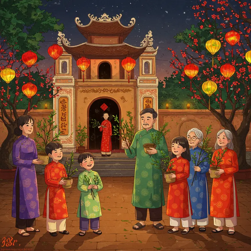 Mọi người hái lộc đầu năm tại sân chùa với nụ cười vui tươi.