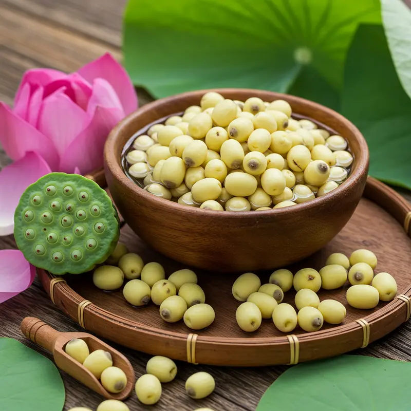 Hạt sen tươi trong bát gỗ truyền thống thể hiện sự thuần khiết của nguyên liệu tự nhiên