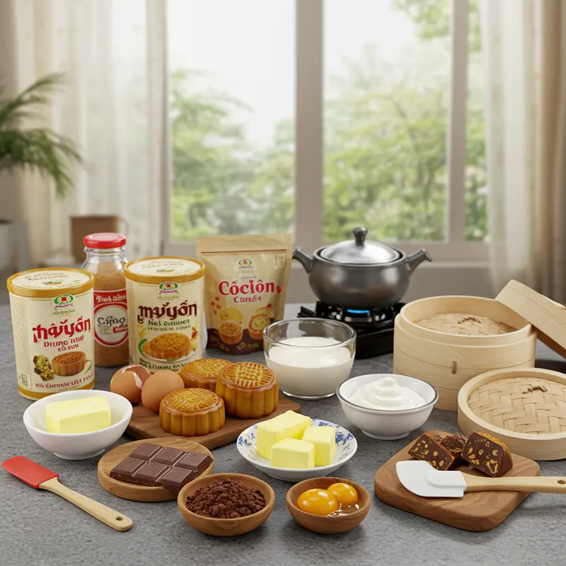 Nguyên liệu và dụng cụ chuẩn bị cho bánh trung thu nhân trứng chảy socola.