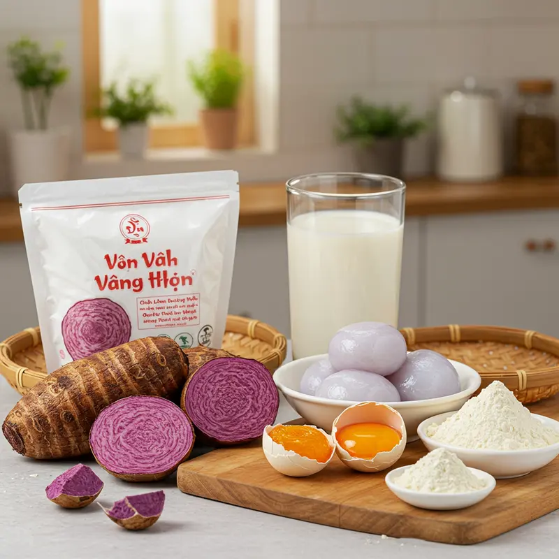 Nguyên liệu tươi ngon, chuẩn bị sẵn sàng cho bánh mochi khoai môn trứng muối.