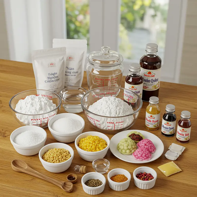 Nguyên liệu làm bánh trung thu dẻo mini đầy đủ, tươi ngon.