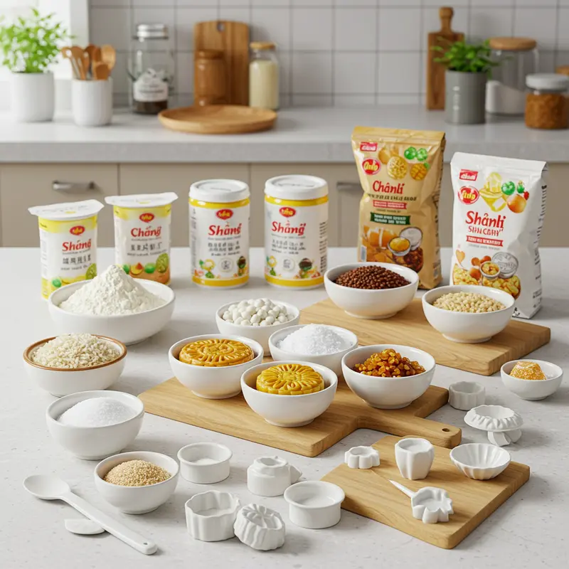 Trên bàn bếp là đầy đủ nguyên liệu và dụng cụ làm bánh dẻo mini nhỏ gọn.