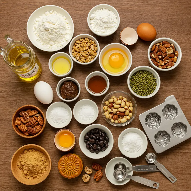 Nguyên liệu chính làm bánh trung thu mini nướng được sắp xếp gọn gàng.