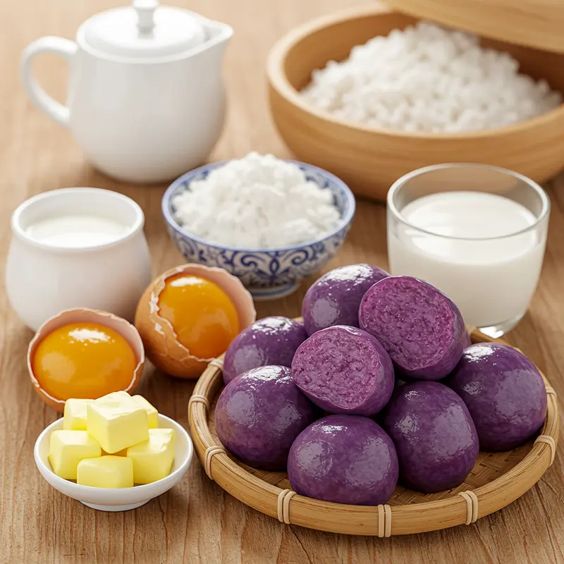 Nguyên liệu tươi ngon tạo nên nhân khoai môn mochi trứng muối chuẩn vị.