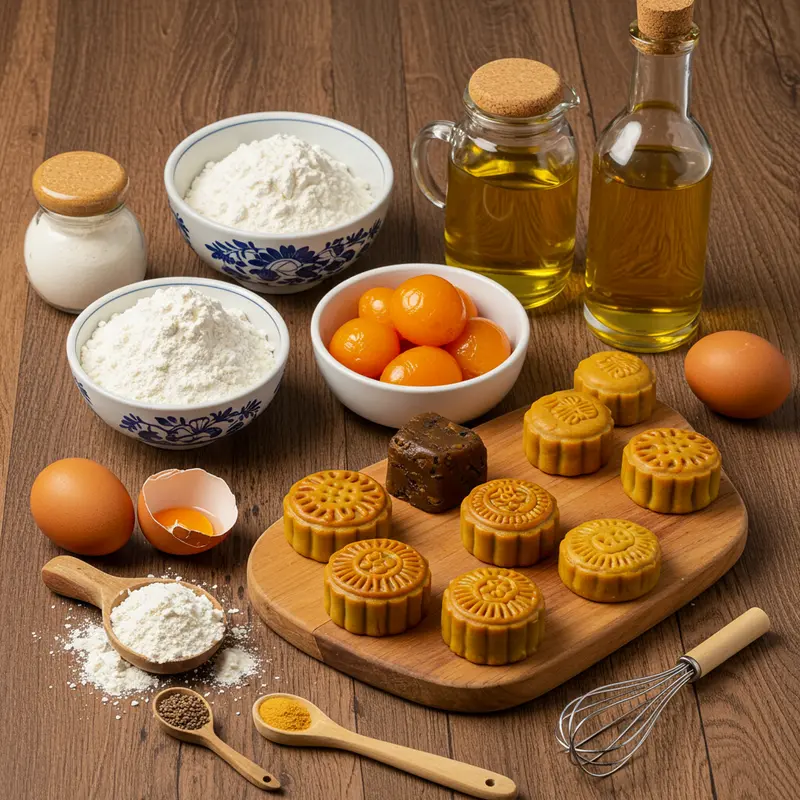 Nguyên liệu làm bánh trung thu mini được bày trí đẹp mắt trên bàn gỗ.