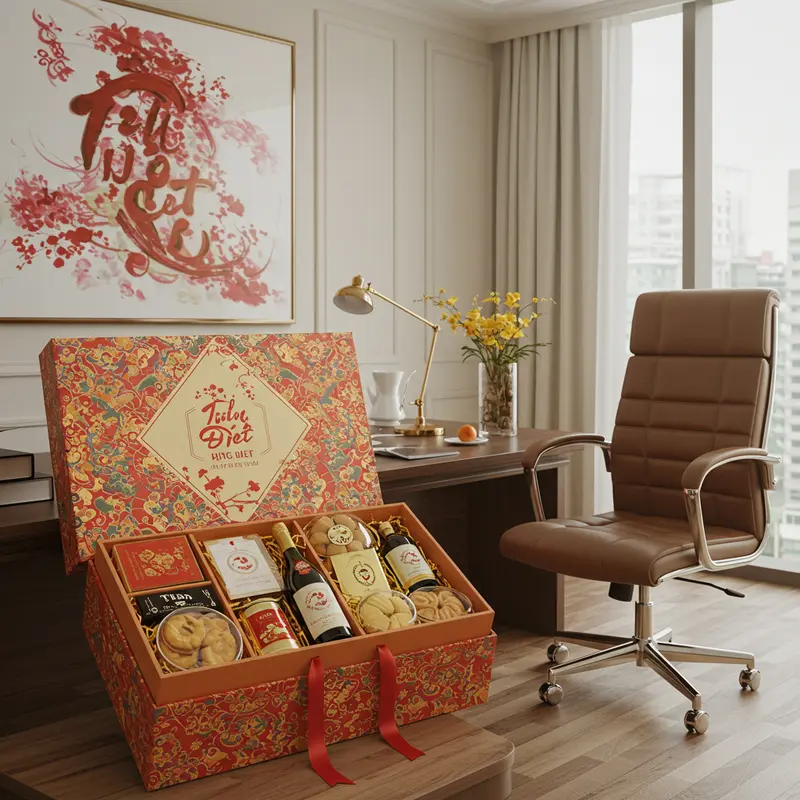 Hộp quà Tết sang trọng tạo không khí ấm áp nơi công sở.