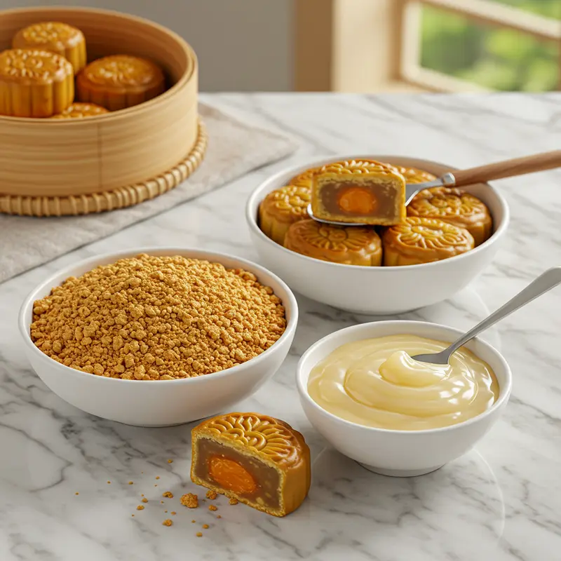 Nhân bánh trung thu bị chảy dầu so với nhân đạt chuẩn.