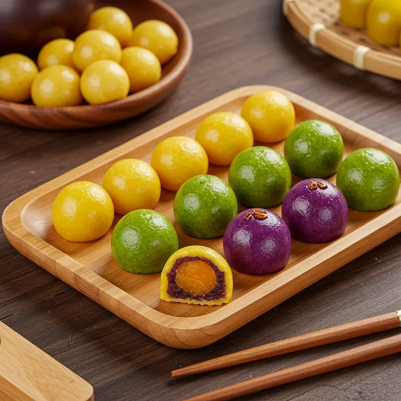 Trên bàn bếp là đầy đủ nguyên liệu và dụng cụ làm bánh dẻo mini nhỏ gọn.