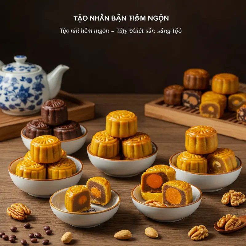 Nguyên liệu làm bánh trung thu mini được bày trí đẹp mắt trên bàn gỗ.