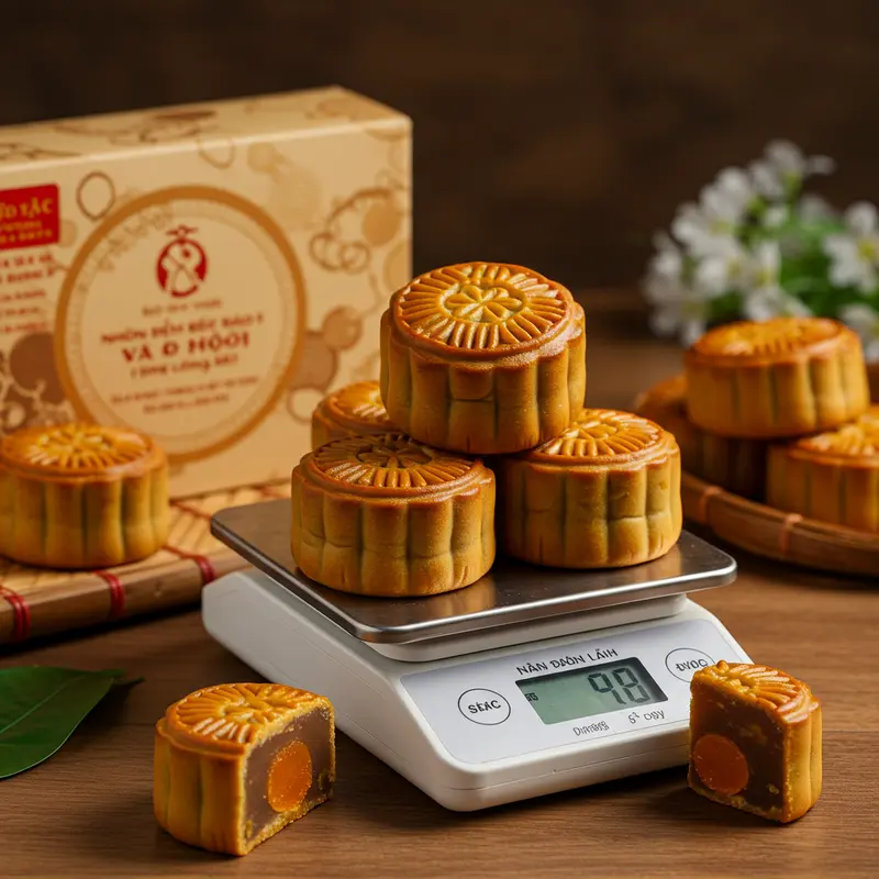 Kiểm tra trọng lượng bánh trung thu bằng cân điện tử và đọc thông tin trên bao bì.