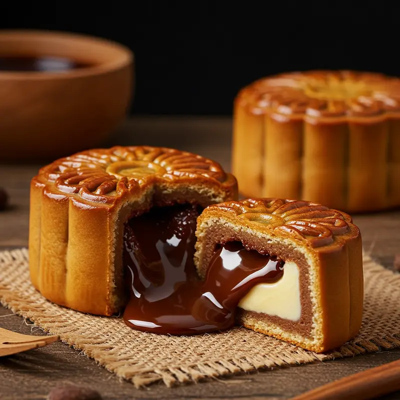 Bánh trung thu nhân lava với trứng muối chảy và socola chảy nổi bật về hương vị và kết cấu.