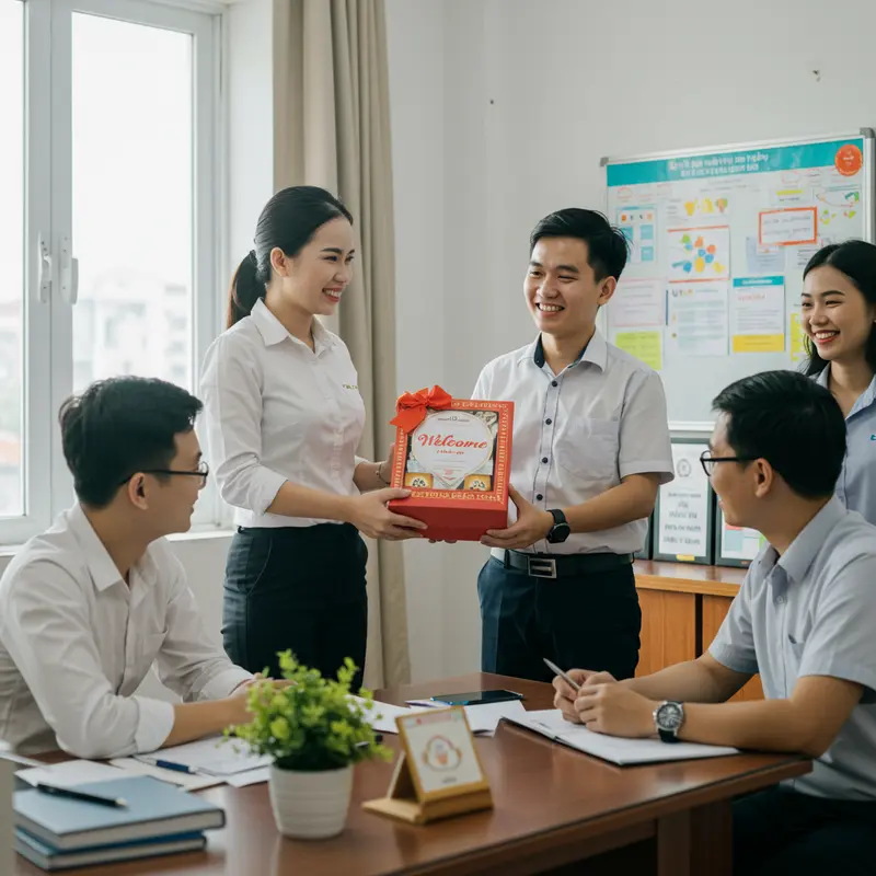 Nhân viên mới được đồng nghiệp chào đón cùng món quà ý nghĩa.