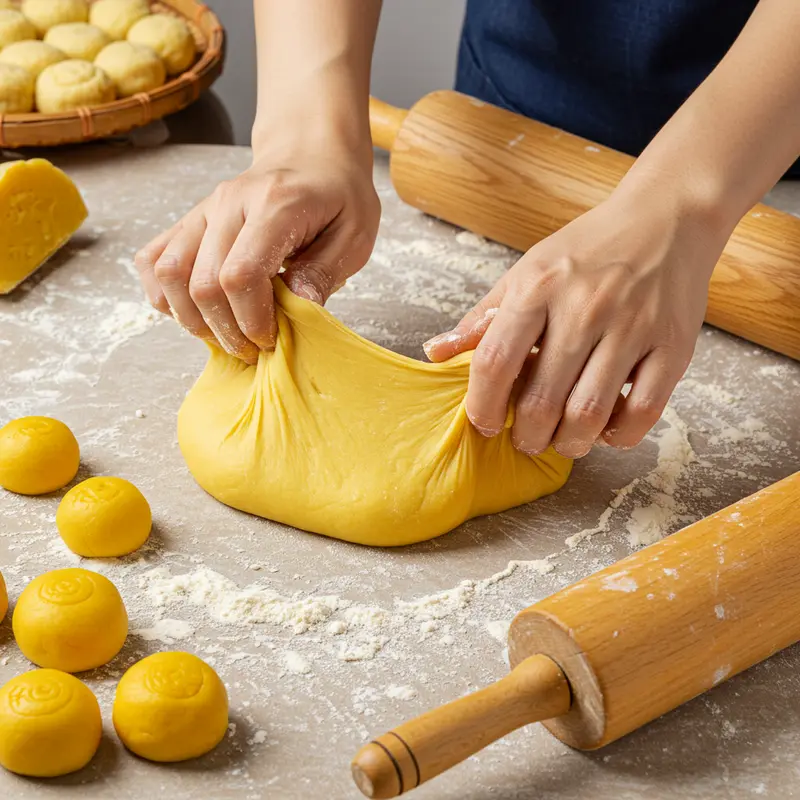 Nguyên liệu và dụng cụ chuẩn bị cho bánh trung thu nhân trứng chảy socola.