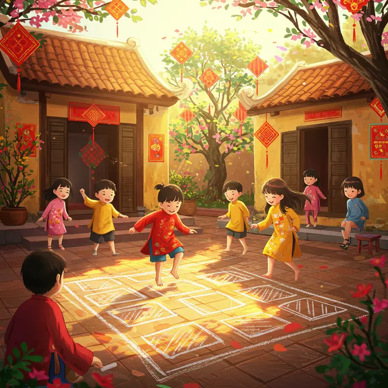 Gia đình nhiều thế hệ sum vầy chơi trò dân gian dịp Tết.