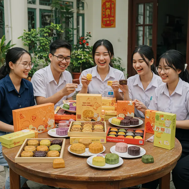 Nhóm bạn trẻ chia sẻ những chiếc bánh trung thu giá rẻ tại nhà.