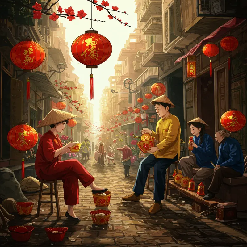 Một gia đình sum vầy, người lớn suy tư về việc chi tiêu Tết.