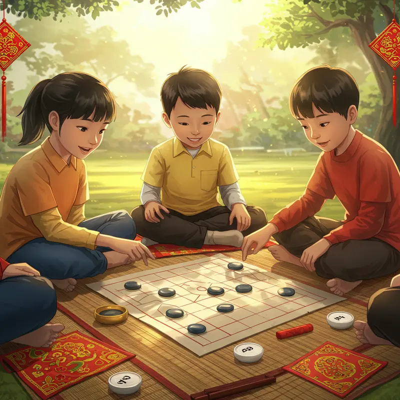 Gia đình nhiều thế hệ sum vầy chơi trò dân gian dịp Tết.