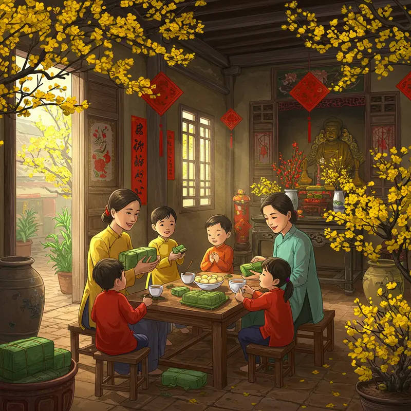 Cảnh gia đình Việt xưa sum vầy, gói bánh chưng chuẩn bị đón Tết.