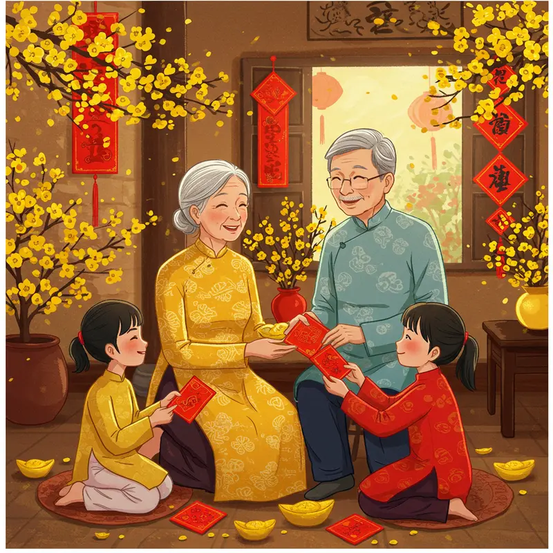 Ông bà nhận lời chúc Tết và sum vầy cùng con cháu trong không khí ấm áp.