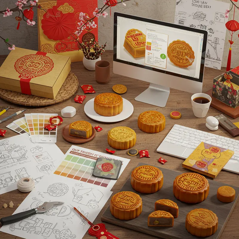 Hộp bánh Trung thu cá nhân hóa với logo vàng, kết nối cảm xúc và thương hiệu.