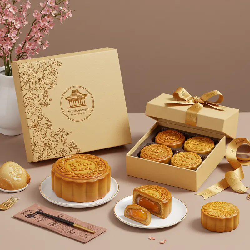 Bánh trung thu mini được trình bày đẹp mắt trên đĩa gỗ, làm nổi bật sự tinh tế và hấp dẫn.