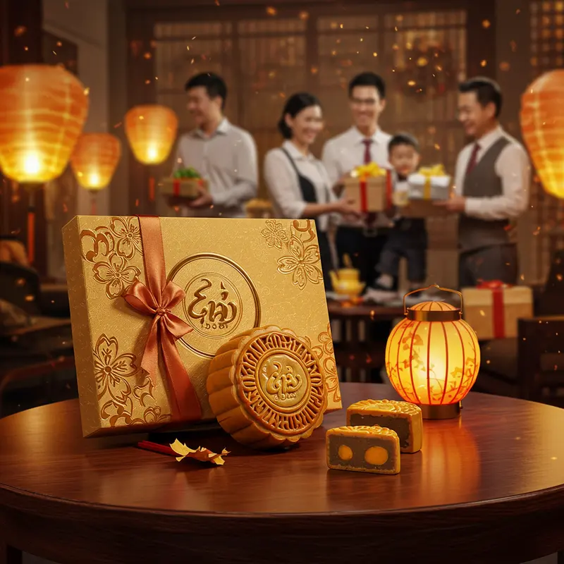 Hộp bánh Trung thu cá nhân hóa với logo vàng, kết nối cảm xúc và thương hiệu.