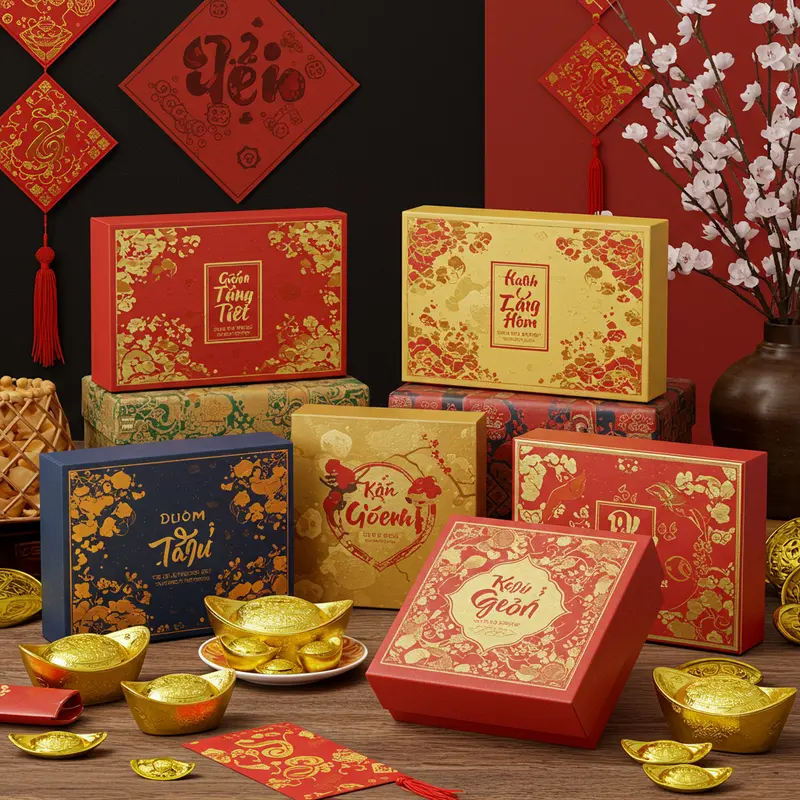 Khoảnh khắc sum vầy bên hộp quà Tết, gắn kết các thành viên trong gia đình nhiều thế hệ.