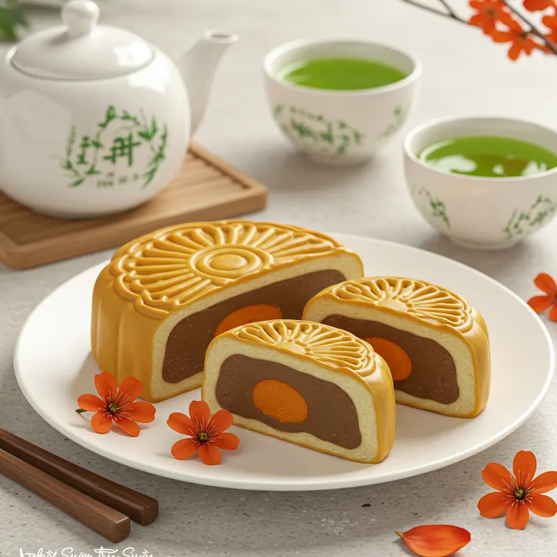 Bánh Trung Thu truyền thống và Mochi Nhật Bản đặt cạnh nhau trên khay tre.