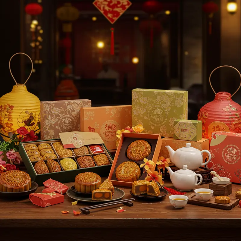 Bàn gỗ với bánh trung thu tầm trung, hộp quà, đèn lồng và ấm trà gợi không khí đoàn viên ấm áp.