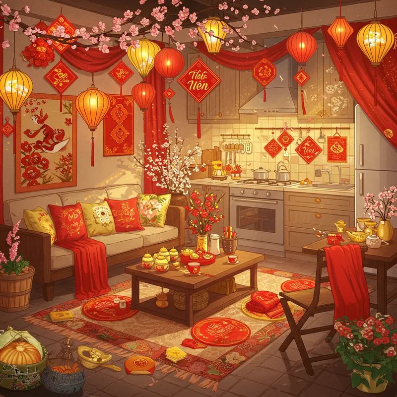 Không gian phòng khách, bếp với sắc đỏ, vàng rực rỡ đón Tết.