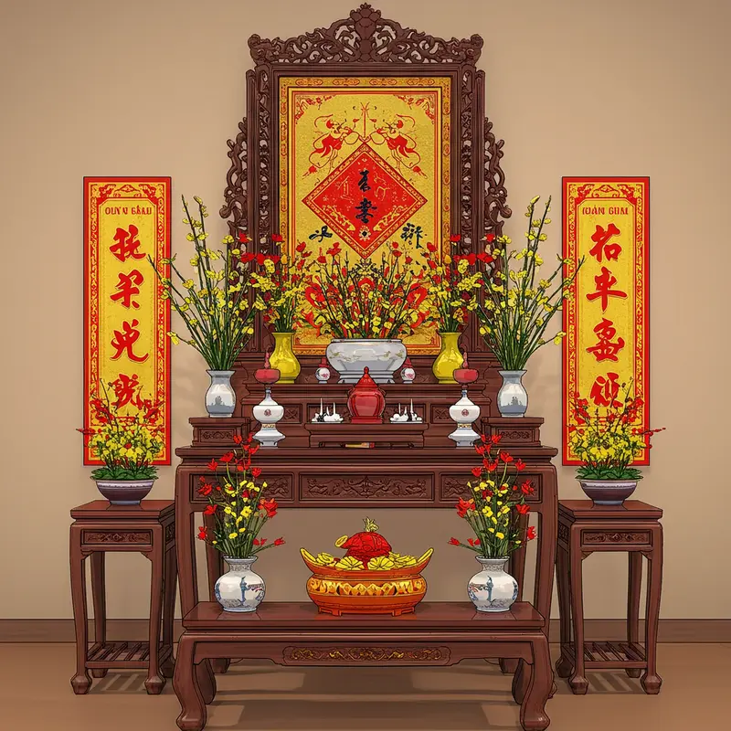 Không gian bàn thờ gia tiên ấm cúng, trang nghiêm trong ngày Tết.