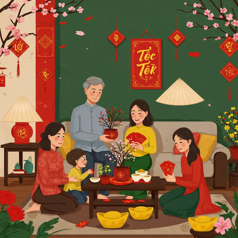 Mọi người hái lộc đầu năm tại sân chùa với nụ cười vui tươi.