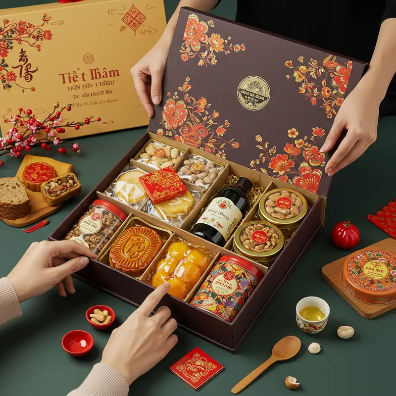 Bố cục hộp quà Tết cao cấp đặt trên bàn sang trọng với trang trí lễ hội tinh tế.