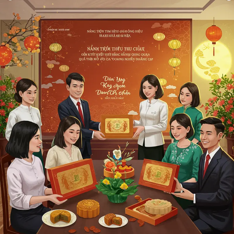 Bánh trung thu chay được trưng bày thanh lịch trong môi trường doanh nghiệp hiện đại.