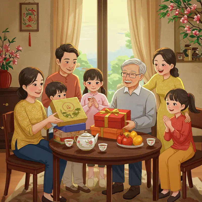 Không gian gia đình ấm áp giữa nhiều thế hệ cùng tương tác thân mật.