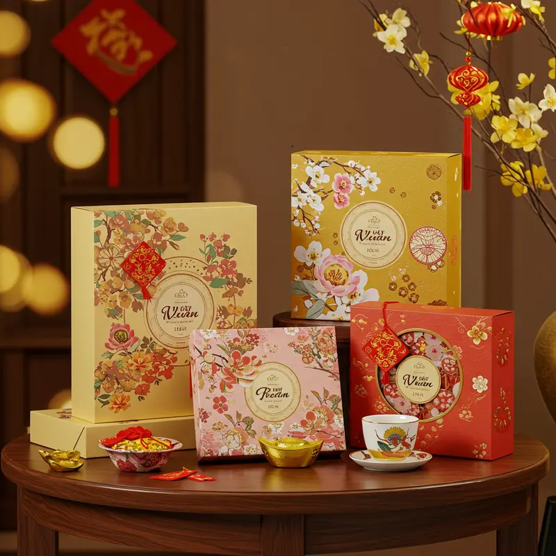 Hộp quà Trung Thu và Tết được đóng gói tinh xảo, lấp lánh dưới ánh đèn vàng tạo cảm giác ấm áp, trang trọng.