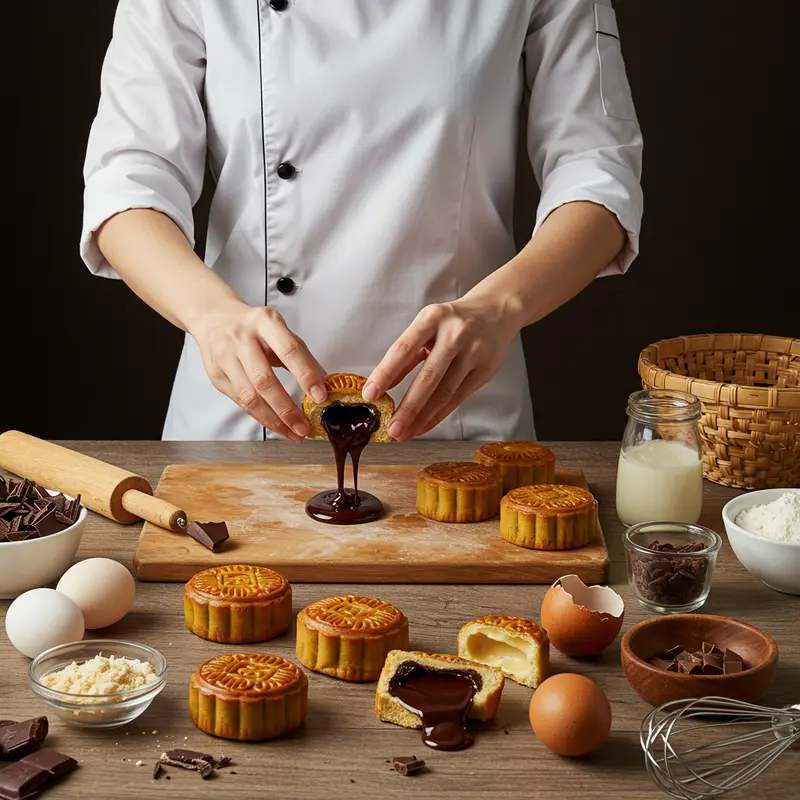 Cận cảnh bánh trung thu lava chocolate với lớp nhân tràn đầy quyến rũ.