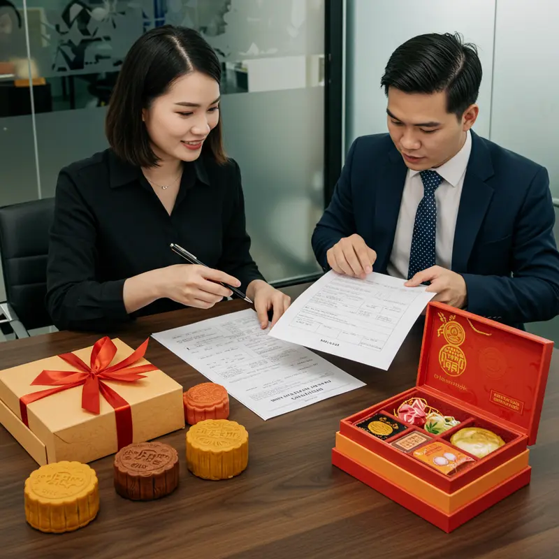 Tập thể nhân viên quây quần thưởng thức hộp bánh Trung Thu trong không khí thân thiện.