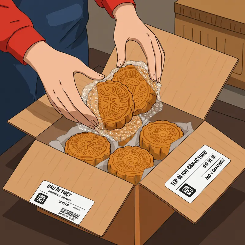 Bánh trung thu được đóng gói kỹ lưỡng chuẩn bị giao hàng.