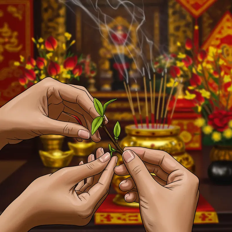 Mọi người hái lộc đầu năm tại sân chùa với nụ cười vui tươi.