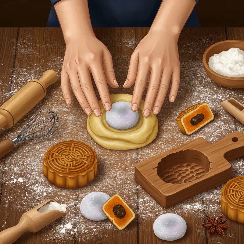 Bánh Trung Thu truyền thống và Mochi Nhật Bản đặt cạnh nhau trên khay tre.