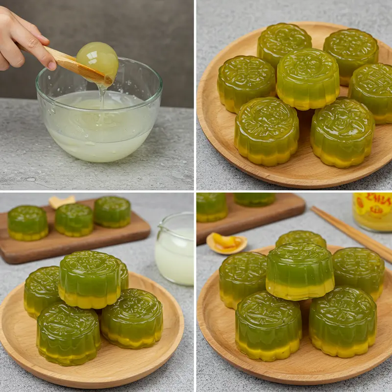 Bàn trà Trung Thu với bánh trung thu rau câu và đèn lồng truyền thống