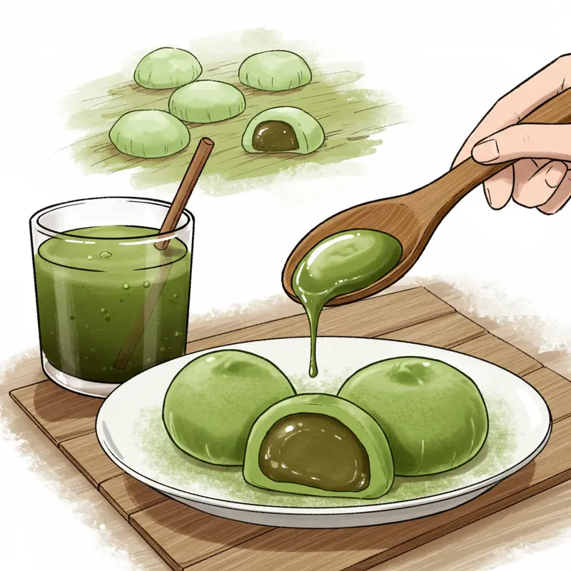 Bột matcha nguyên chất Nhật Bản mịn, tươi – yếu tố tạo nên nhân mochi thơm ngon.