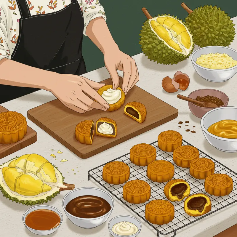 Bánh trung thu lava sầu riêng với lớp nhân tan chảy hấp dẫn.