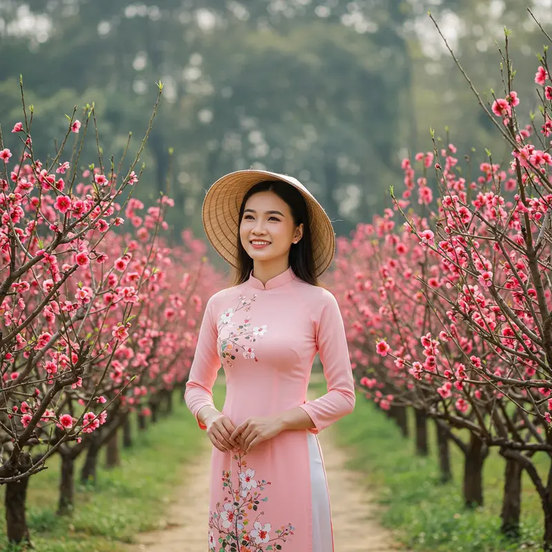 Người Việt Nam diện áo dài, trang điểm tự nhiên, hòa mình trong vườn hoa đào và mai ngày Xuân.
