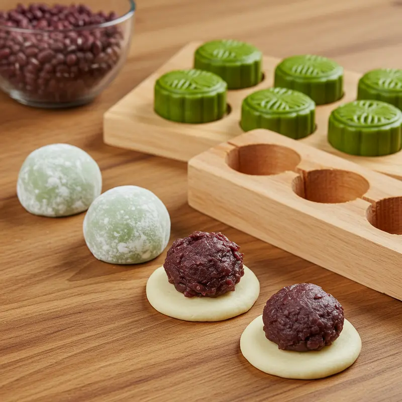 Bánh trung thu mochi trà xanh đầy màu sắc trên khay gỗ sang trọng cùng ấm trà kiểu Nhật.