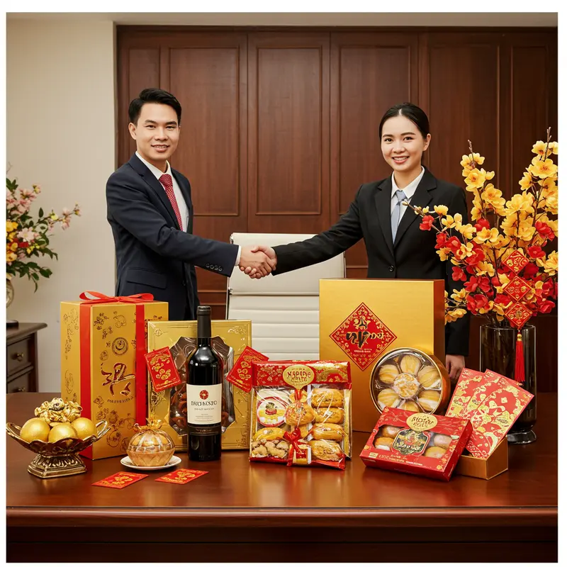 Không khí sum vầy với hộp quà Tết và rượu truyền thống bên gia đình Việt.