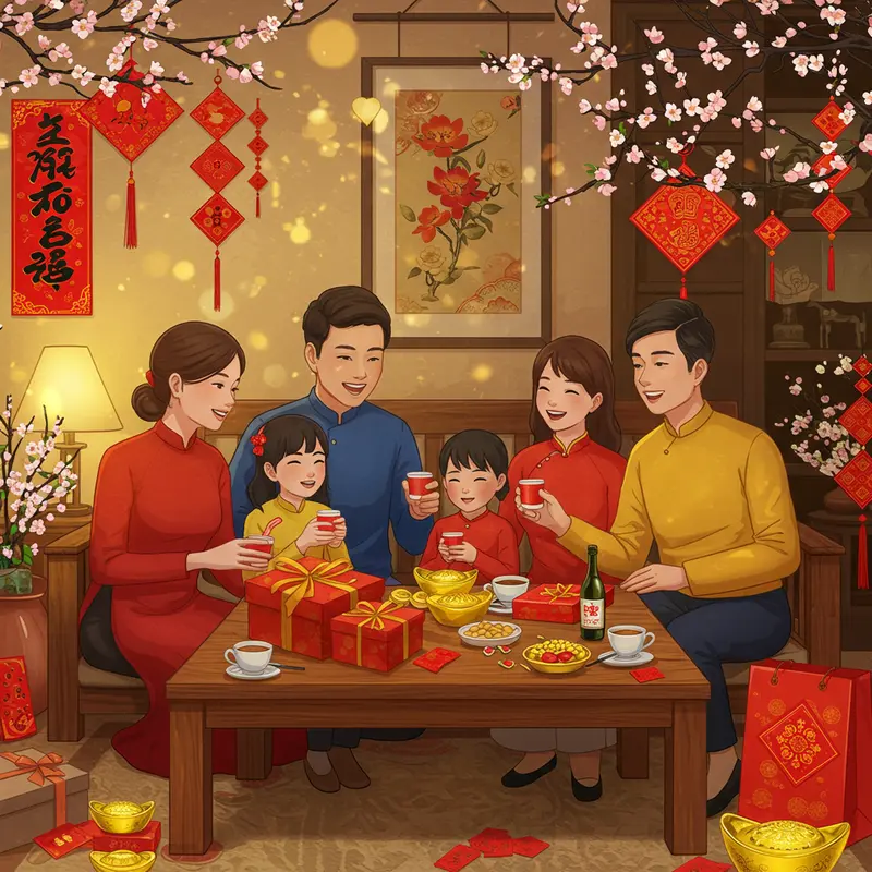 Không khí sum vầy với hộp quà Tết và rượu truyền thống bên gia đình Việt.