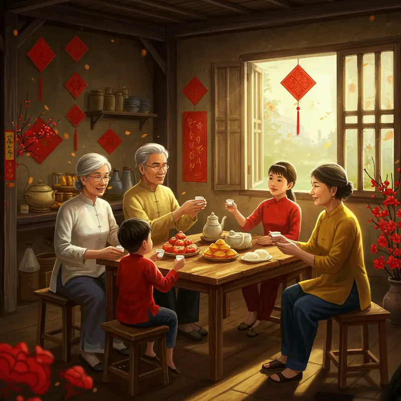 Không khí sum vầy với hộp quà Tết và rượu truyền thống bên gia đình Việt.